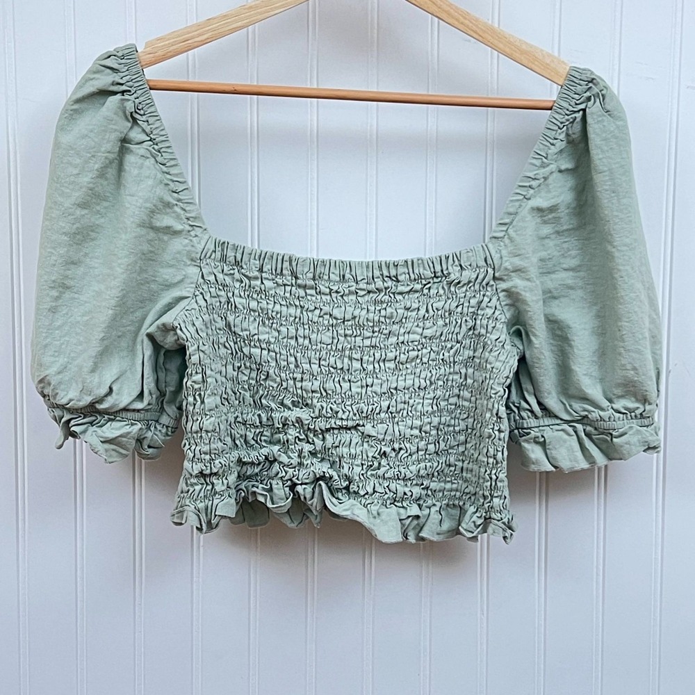 Altar'd State Smocked Babydoll Top Milkmaid Green Puff Sleeve Square Neck Crop L